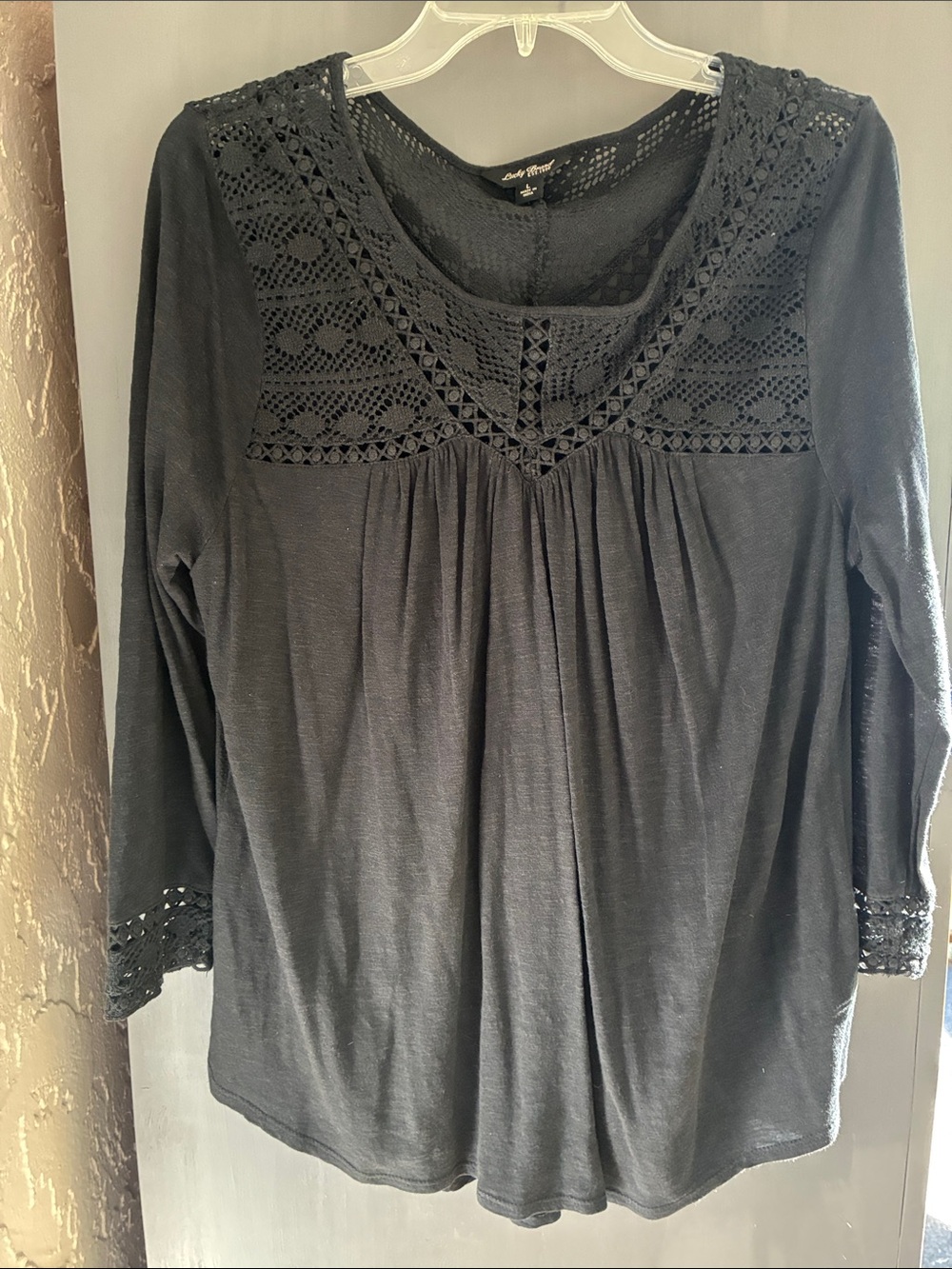 Lucky Brand Black Crochet Yoke Long Sleeve Top
